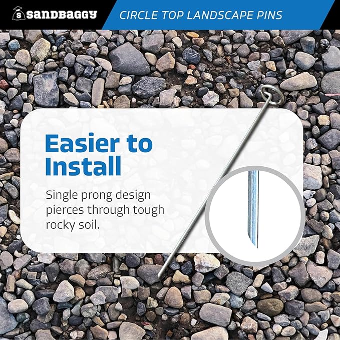 Sandbaggy 12-inch Circle Top Pins - Landscape Staples (Galvanized) - Garden Stakes for Landscaping, SOD - Heavy Duty Ground Stakes, Lawn Turf Spikes, Christmas Decorations, Weed Mats (150 Pins)