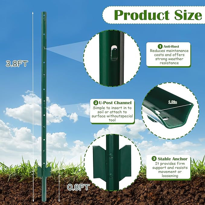 Sunnyglade 20 Pack 3.8 FT Heavy Duty Metal U-Post Garden Fence Stakes, No Dig U-Channel Fence Posts, Corner Anchor Poles for Wire, Electric, Mesh Fencing (20)