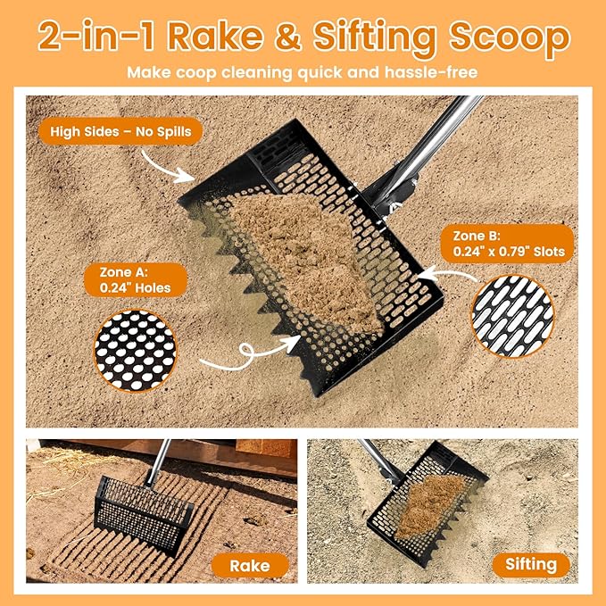 Chicken Poop Scooper for Chicken Coop 304 Stainless Steel Adjustable Angle Durable Sand Sifting Litter Shovel for Farm Animals Cleaning Tools (Black)