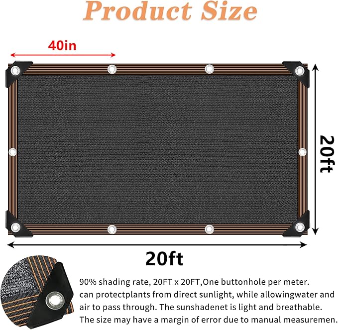 Black Shade Cloth,90% Durable Mesh Tarp with Grommets, 20x20 Ft Resistant Garden Sun Shade Netting, Shading Antifreezing for Pergola Greenhouse Plants Growing Chicken Coop Shade Cover
