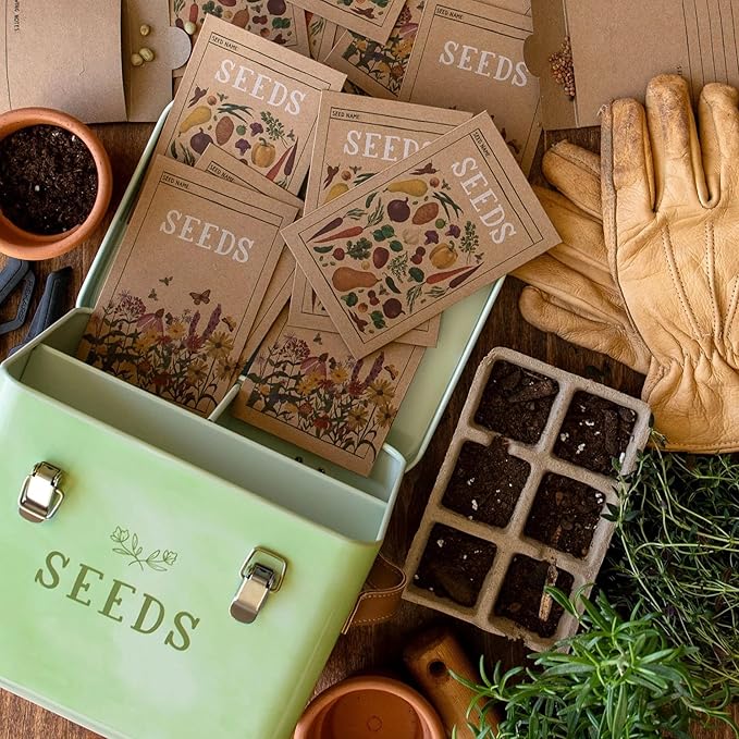 1Canoe2 Tin Seed Organizer Storage Box, Garden Seed Packet Vault Container, Gardening Supplies, Greenhouse Accessories, Gardening Gifts for Women (Green)