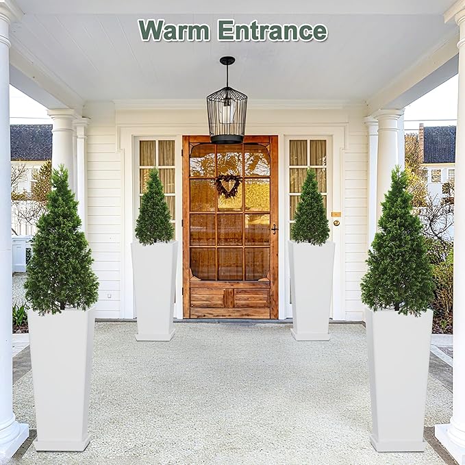 Set of 2 Tall Planters for Outdoor Plants with Drainage Tray, 24" Large Flower Pots for Front Porch Decor, Patio, Garden (White 24")