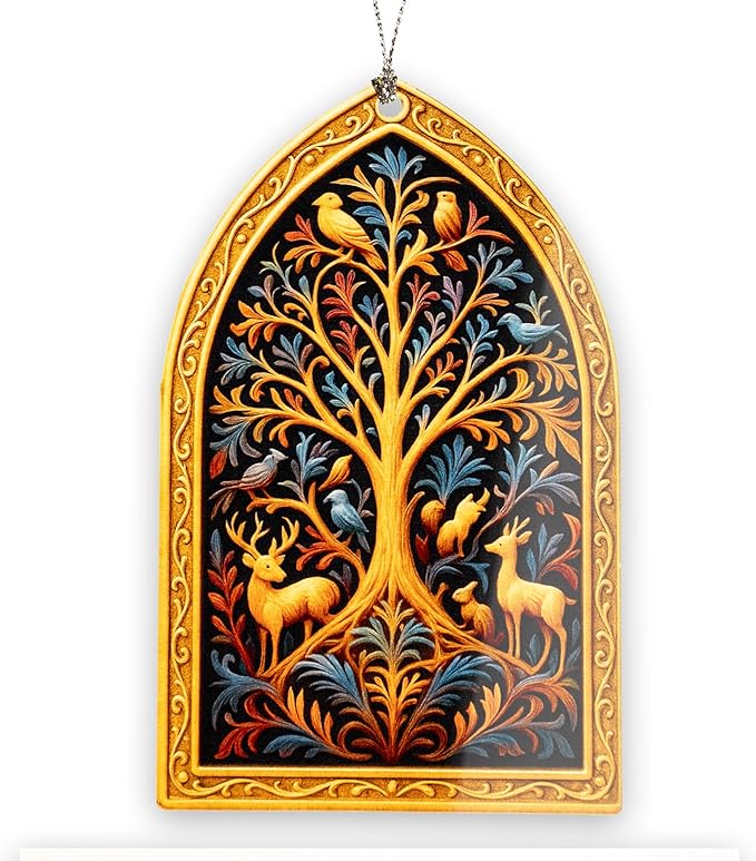 Tree of Life Ornament – Woodland Animals – Nature Forest Decor – Spiritual Symbol Gift – Holiday Card – Christmas Tree Ornament – Suncatcher Effect Stained Glass Window Hanging – Car Hanging