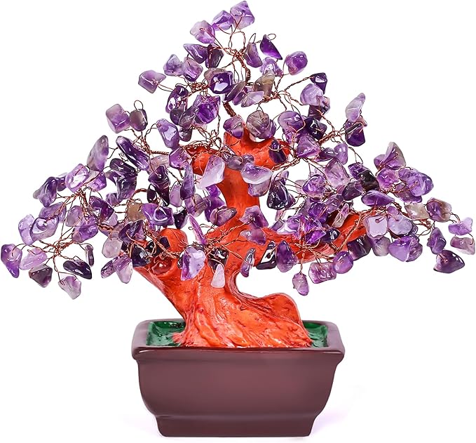Feng Shui Quartz Crystal Money Tree Bonsai Style Decoration for Luck and Wealth (Purple)