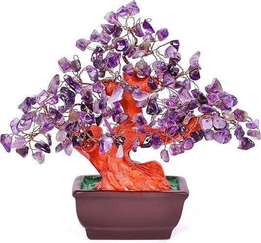 Feng Shui Quartz Crystal Money Tree Bonsai Style Decoration for Luck and Wealth (Purple)