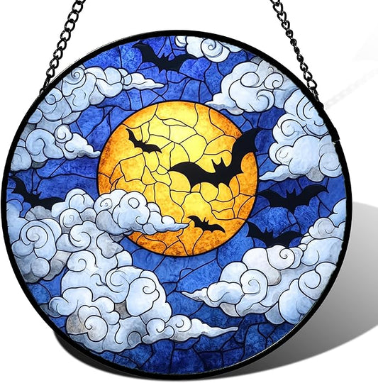 Stained Glass Window Hanging - Halloween Decorations Bats Moon Clouds Suncatcher for Doors Garden Indoor Spooky Funny Sun Catchers Gothic Decor Horror Gifts for Women Men Friend 15 in