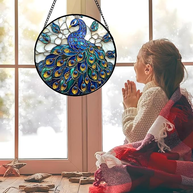 Stained Glass Window Hanging - Peacock Blue Gold Feathers Sun Catcher for Door Garden Home Decor Bird Suncatcher Christmas Mother's Day Birthday Gifts for Women Men Mom Nana 9.8 in