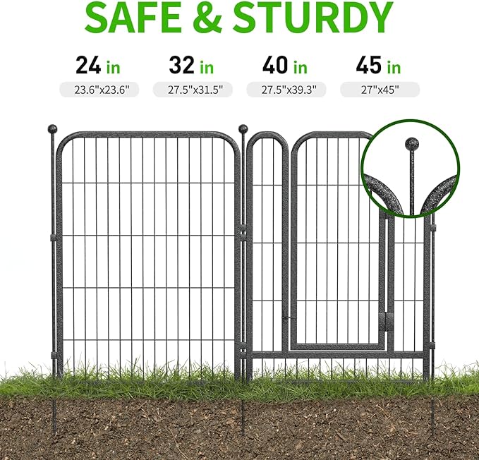 Decorative Garden Metal Fence 18ft (L)×40in (H) with 7 Panels 1Gate Outdoor, No Dig Rustproof Wire, Animal Barrier Fencing for Outdoor Yard Patio Flower Bed,（Black-Silver）