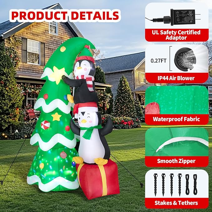 Christmas Inflatables Outdoor Decorations, with Rotating Colored Light+LED Lights, Large Blow Up Yard Decor,Christmas Party Outdoor, Yard, Garden, Lawn Winter (7 FT Penguins Climbing Tree)