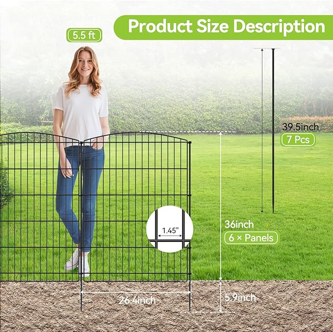 INJOPEXI Decorative Garden Fence 6 Panels 13ft (L)×36in (H) Animal Barrier Fences with 6 Panels Rustproof Metal Wire No Dig Rabbit Fencing Dog Fence for Outdoor Backyard Patio - Without Fence Gate