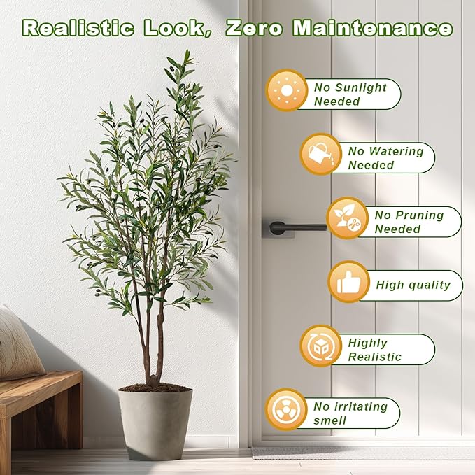 5FT Artificial Olive Tree Artificial Olive Plants, Tall Faux Olive Tree Faux Silk Plant Fake Plant Ultra-Realistic Silk Leaves & Natural Trunk Indoor Outdoor Use