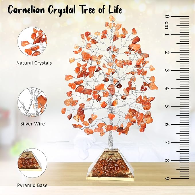 Carnelian Crystal Tree with Orgone Pyramid Base Orange Desk Decor Healing Crystals Bonsai Tree Orange Gifts for Women Office & Shelf Home Room Decor For Mom Sister Girlfriend Present Housewarming