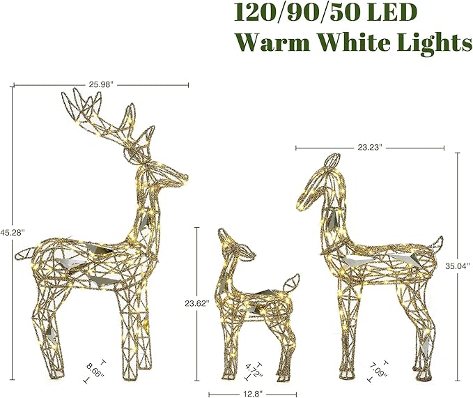 LuxenHome 3PCs Reindeer Christmas Decoration, Gold Reindeer Family with Glitter, 260 LED Lights, Indoor & Outdoor Lighted Christmas Decorations for Lawn, Front Porch, Xmas Holiday Yard Display