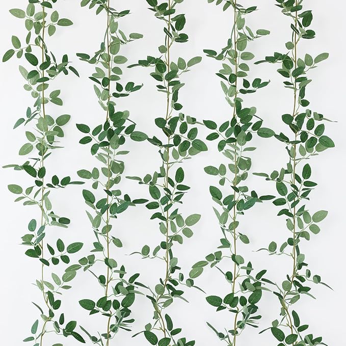 mizii 5 Packs 340" Artificial Vines Garland Fake Vine with Small Green Leaves Silk Rose Leaf Faux Hanging Plants Greenery Decoration for Outdoors Indoor Table Centerpieces Wedding Decor (Rose Leaves)