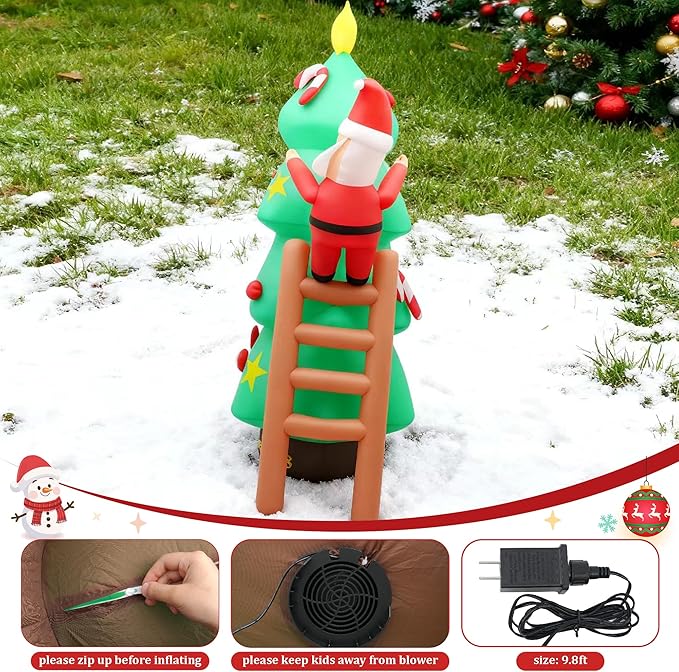9FT Christmas Inflatables Decorations Santa Claus Climbing Ladder with Christmas Tree, Built-in Bright LEDs, for Yard Garden Lawn Home Party