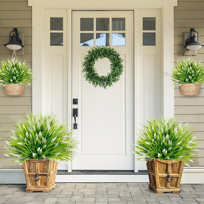 Sggvecsy 12 Bundles Artificial Plants Outdoor Faux Lavender Flowers Fake Monkey Grass UV Resistant Plastic Greenery Plants for Garden Home Porch Window Patio Hanging Planter Indoor Decor (White)
