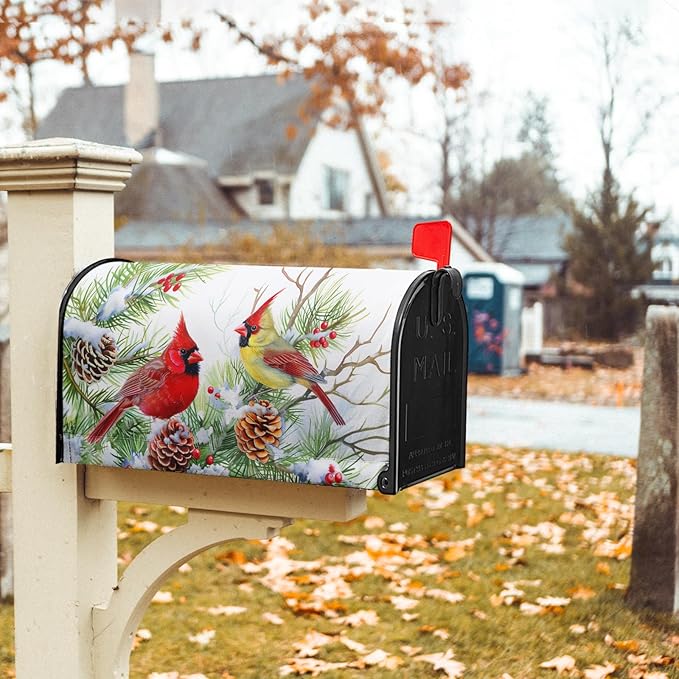 Winter Birds Mailbox Cover with Magnetic Christmas Tree Holly Branches Red Berry Pine Cone Mailbox Wrap Post Cover Standard Size 21x18 Inch for Garden Yard Outdoor Patio Hew Year Decor
