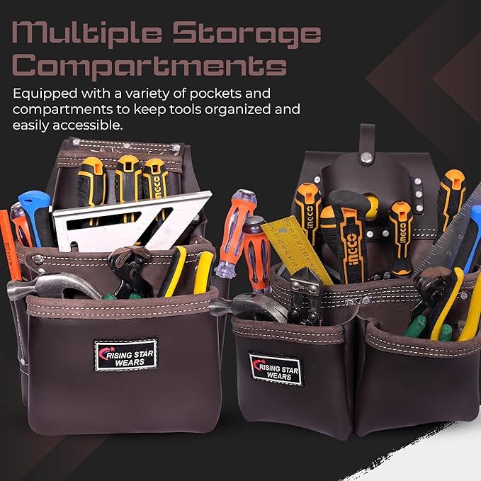 100% Leather Electrician Tool Pouch with Adjustable Belt,Stylish Tool Bag for Waist with 19 Pockets, Perfect for Carpenters,Plumbers, Electricians,Craftsmen,and Handymen