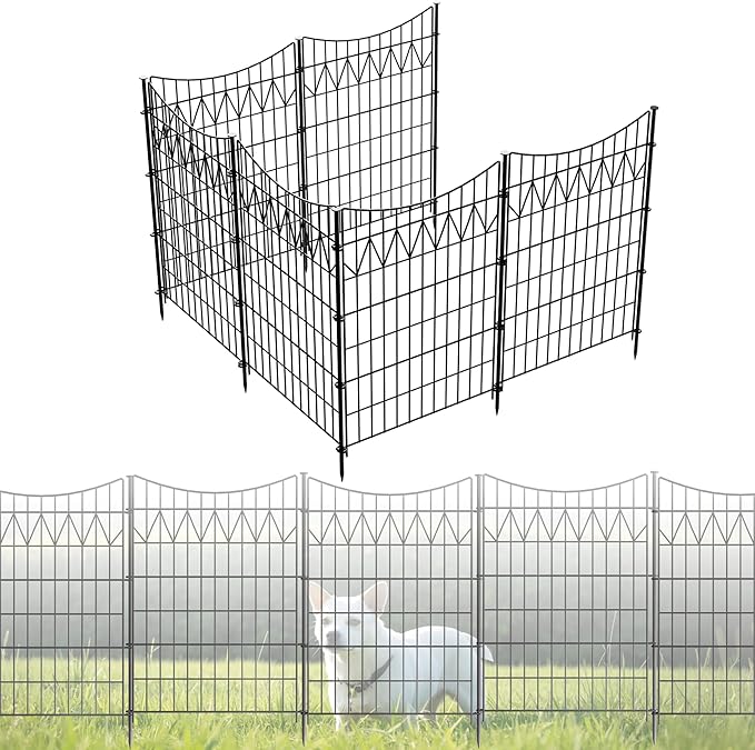 6 Panels No Dig Decorative Metal Fence for Yard, 40in(H)×13.5ft(L) Reusable Tall Garden Fence | Rustproof Animal Barrier with Extra-Long Ground Stakes | Temporary Durable Border Fence for Dog, Black