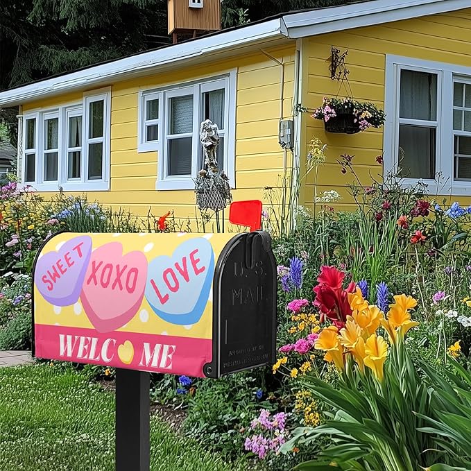Welcome Valentines Day Mailbox Covers Magnetic Standard Size 18X21 Inch Love Heart Candy Polka Dot Mailbox Wraps Cover Decoration Outdoor Garden Home Yard Outside