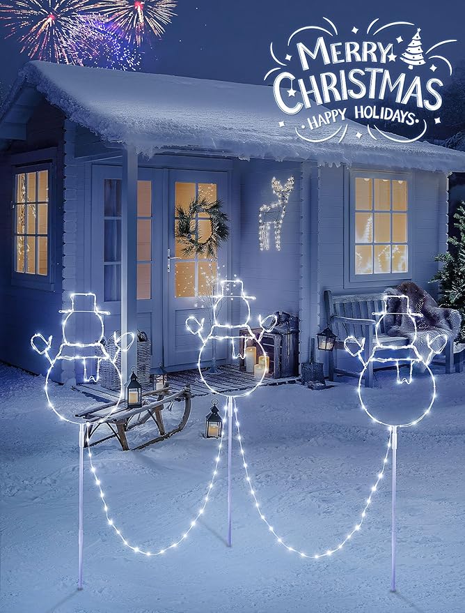 Christmas Walkway Lights,200LED White Christmas Decorations Pathway Lights Plug in,Timer 8 Mode Snowman Garden Light with Stake Waterproof for Fence,Patio,Yard,Party,Xmas Decor-White