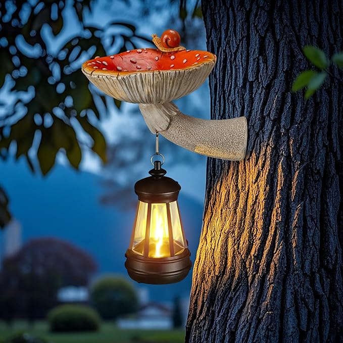 Mushroom with Snail and Lantern Cute Solar Statue Light Garden Decoration Resin Decoration Painted Design Craft Ornament for Indoor Outdoor Gift(Red)