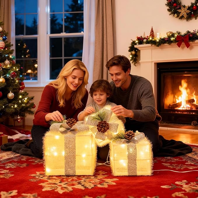 Set of 3 Christmas Lighted Gift Boxes,Outdoor Indoor Christmas Decorations,Plug-in 65 LED Light Up Present Boxes for Christmas Trees Indoor Outdoor Home Yard Lawn Holiday Birthday Party Decor