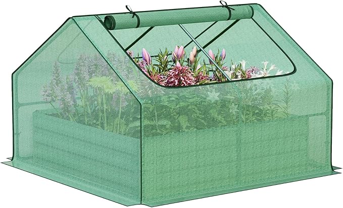 Aoodor 4 x 4 x 1 ft Galvanized Raised Garden Bed, Mini Greenhouse Kit with 2 Roll-up Zipper Doors for Vegetables, Flowers, and Herbs,Green