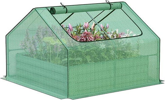 Aoodor 4 x 4 x 1 ft Galvanized Raised Garden Bed, Mini Greenhouse Kit with 2 Roll-up Zipper Doors for Vegetables, Flowers, and Herbs,Green