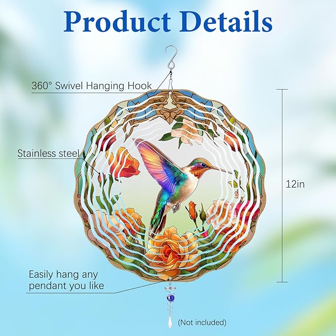 Hummingbird Wind Spinner, Hummingbird Gifts for Women Men Mom Wife Grandma, 12" Metal Outdoor Indoor Hanging Ornament for Garden Porch Backyard, Gift for Birthday Thanksgiving Christmas