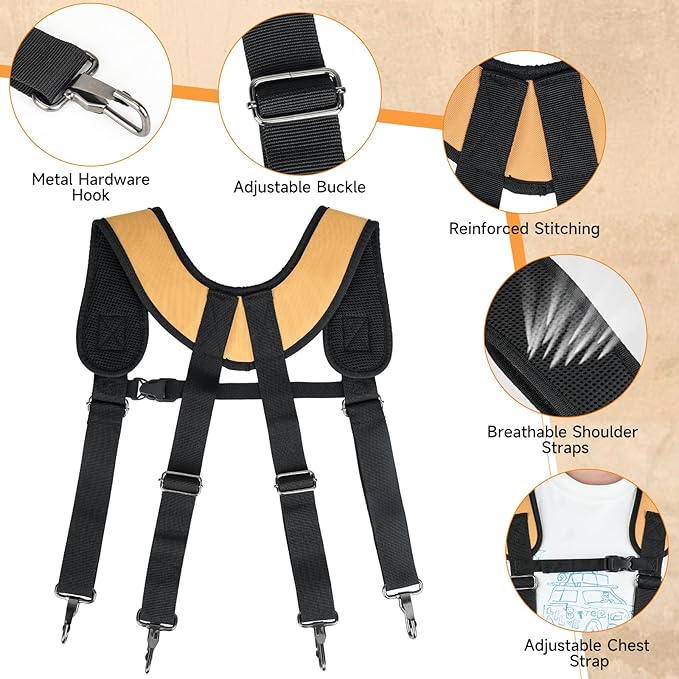 Tool Belt with Suspenders,27-Pockets Heavy Duty Tool Belts for Men with Magnetic Tool Pouch,Detachable & Adjustable Work Belt Bag for Electrician,Carpenter,Construction,Utility Toolbelt,Black,Brown