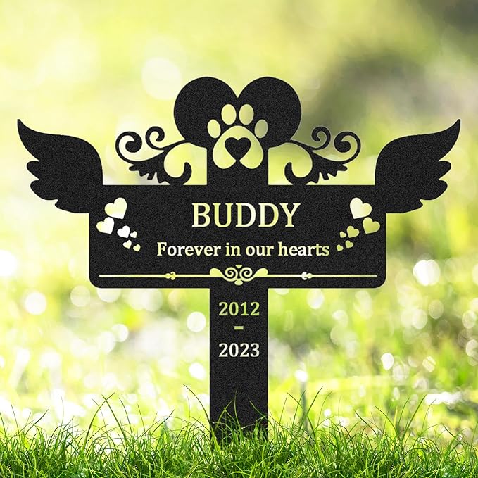 Personalized Pet Grave Marker for Dog Cat Memorial Stake, Custom Metal Pet Memorial Grave Marker, Dog Paw Hearts Burial Stake Cemetery Grave Plaque for Outdoor, Customized Remembrance Sign