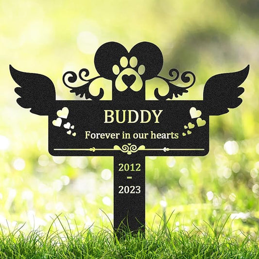 Personalized Pet Grave Marker for Dog Cat Memorial Stake, Custom Metal Pet Memorial Grave Marker, Dog Paw Hearts Burial Stake Cemetery Grave Plaque for Outdoor, Customized Remembrance Sign