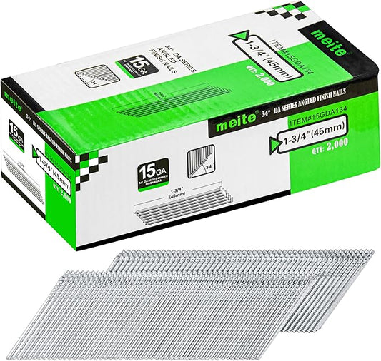 meite 15 Gauge Finish Nails 1-3/4-Inch 34 Degree Angled Galvanized Finishing Nails for Electric or Pneumatic Nailer Gun - No-Rust DA Nail for Cabinet Building Window Trim Fine Woodworking, 2000PCS