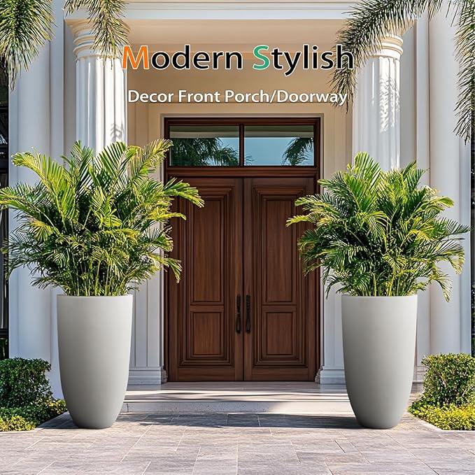 Tall Planters for Outdoor Plants, Large Concrete Flower Pots for Garden Front Porch, Patio, Indoor (Gray, 24 inch)