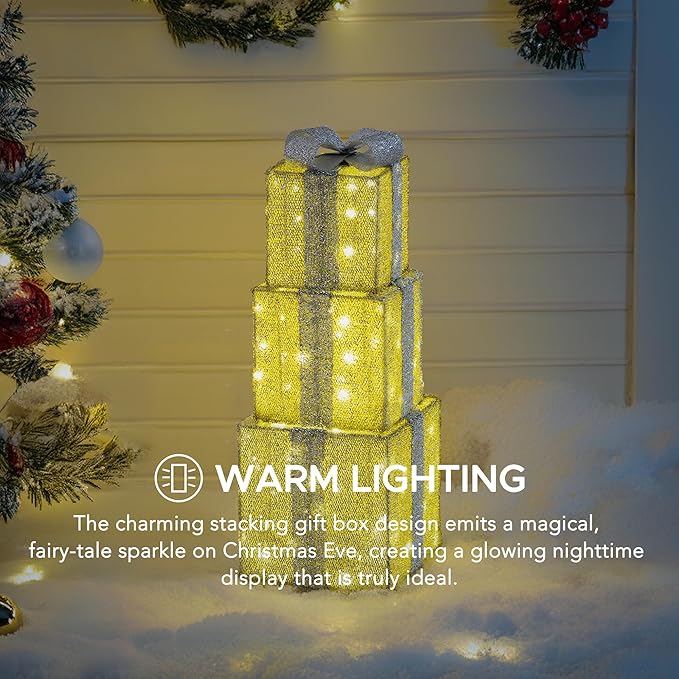SUNJOY Large Christmas Decoration 2.8 FT Inch Illuminated Stacking Gift Box, 3D Tinsel Santa Stacking Gift Box Outdoor Garden Yard Lawn Festive Holiday Decoration with Lights for Indoor & Outdoor