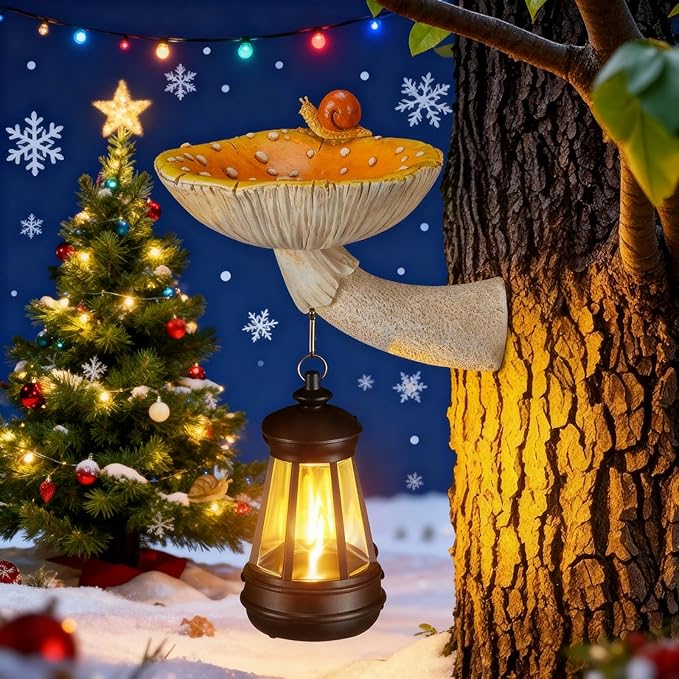 Mushroom with Snail and Lantern Cute Solar Statue Light Garden Decoration Resin Decoration Painted Design Craft Ornament for Indoor Outdoor Gift(Yellow)