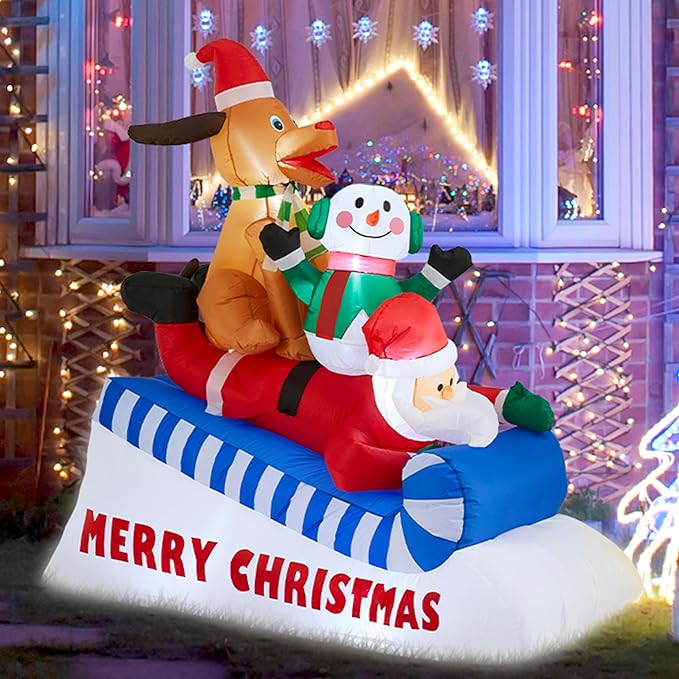 Glitzhome 6FT Inflatable Skiing Santa with Snowman and Dog, LED Christmas Yard Decoration, Animated Outdoor Indoor Xmas Decor with Merry Christmas Sign