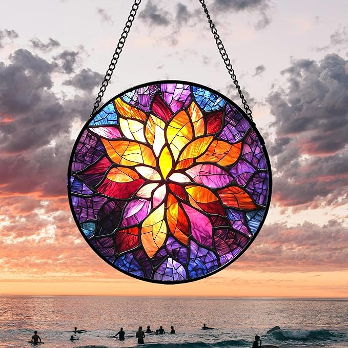 Stained Glass Window Hanging, Fuchsia Abstract Flowers Suncatcher for Window Home Decor Orange Sun Catcher Mother's Day Birthday Gifts for Women Men Mom Nana 15 in