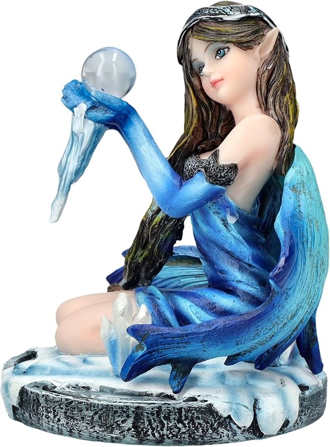 Pacific Giftware 3" Blue Ice Fairy Figurine with Crystal Ball and Frost Accents Small Fairy Statue Perfect for Tabletop Decor and Fantasy Collection