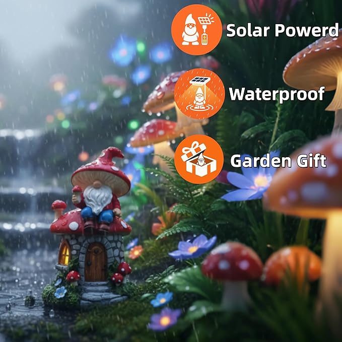 Solar Garden Gnome Decorations Outdoor Statue, 8.3" Fairy Gnomes House Ornaments for Outside, Mushroom Decor for Yard Patio Lawn Proch, Gardening for Women Mom Grandma Kids