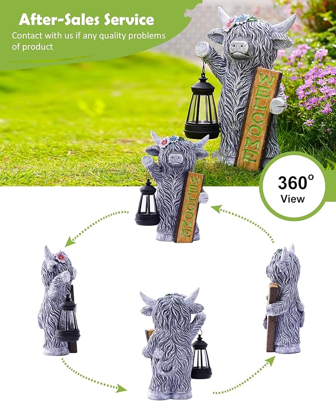 Nacome Highland Cow Garden Statue for Decor: Outdoor Sculpture with Solar Lantern and Welcome Sign for Outside Ornament Yard Art Lawn Porch Patio Balcony - Birthday Gifts for Women Mom(Gray)