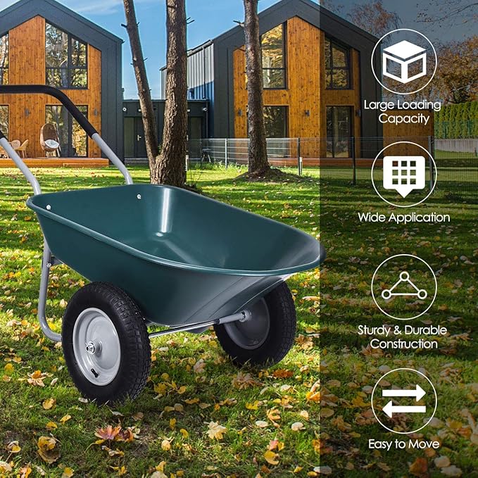 IRONMAX Garden Dual-Wheel Wheelbarrow, Heavy Duty Utility Yard Cart w/ 2x14’’ All-Terrain Wheels & Built-in Stand, Wheel Barrow for Lawn, Yard, Farm, Gardening & Planting (Green)
