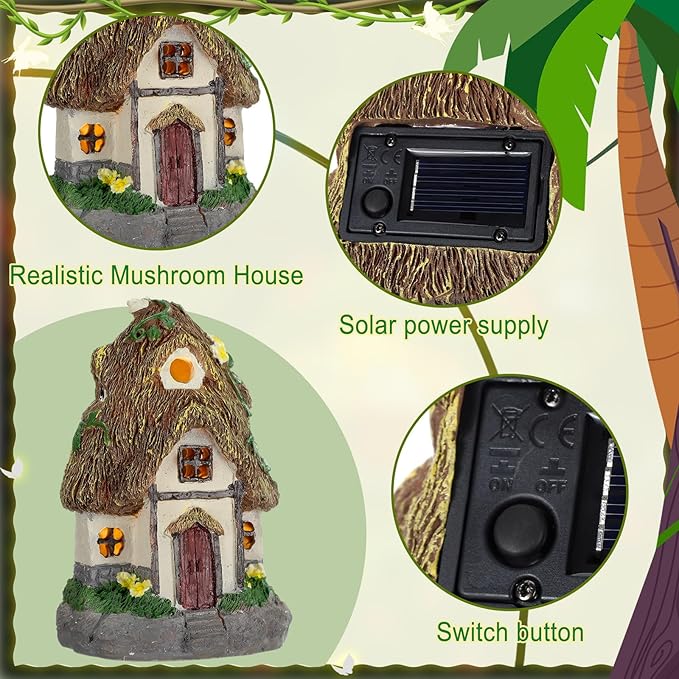 Leyndo 28 Pcs Solar House Garden Accessories Fairy Light up Fairy Figures Garden Kit Resin Miniature Mushroom House Figures Micro Landscape Ornaments(Classic)