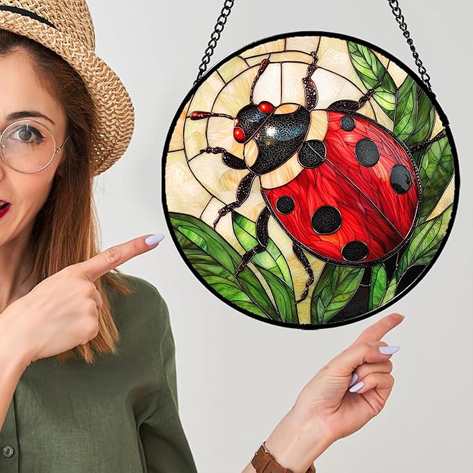 Stained Glass Window Hanging - Red Seven-Spotted Ladybug Sun Catcher for Door Home Decor Insect Suncatcher Christmas Mother's Day Birthday Gifts for Women Men Mom Nana 11.8 in