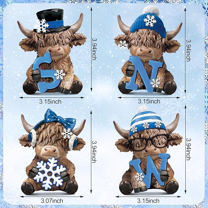 Sosation 4 Pcs Winter Snow Highland Cow Figurines Christmas Snowflake Highland Cow Gnomes Snowy Scottish Resin Statue Calf Gifts for Winter Home Garden Kitchen Office Tiered Tray Table Decor