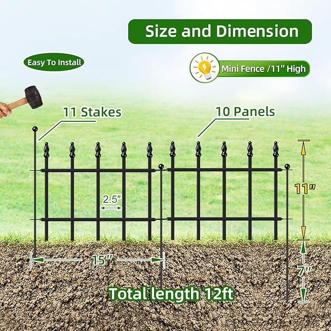 Decorative Metal Garden Fence 11in H x 12ft L, Small Border Fence Roman Column Deco, Garden Fencing for Flower Bed Lawn Landscape Outdoor, 10 Panels + 11 Stakes Black