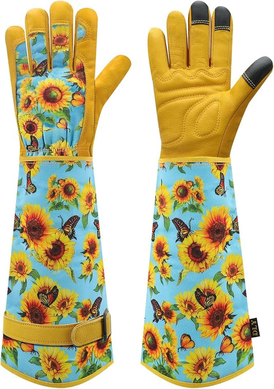 DLY Gardening Gloves for Women, Rose Gloves Gardening Thorn Proof, Long Garden Gloves for Women, Breathable Cowhide Leather Gauntlet (Small, Blue