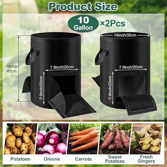 Lezmarket 2 Pack 10 Gallon Potato Grow Bags, Nonwoven Fabric Garden Planters with Reinforced Handle, Large Pots for Potato, Vegetable and Outdoor Plants