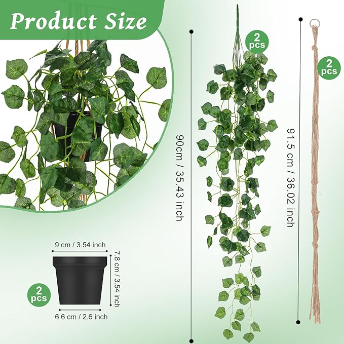 Folmywy 2 Pack Artificial Hanging Plants Vines with Pot Fake Greenery Potted Plant Grape Leaves Decoration Faux Ivy Foliage for Home Indoor Outdoor Living Room Shelf Kitchen Office